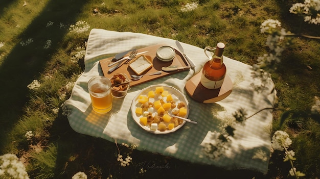 Temps de pique-nique avec du vin de fruits sur une belle herbe à la campagne