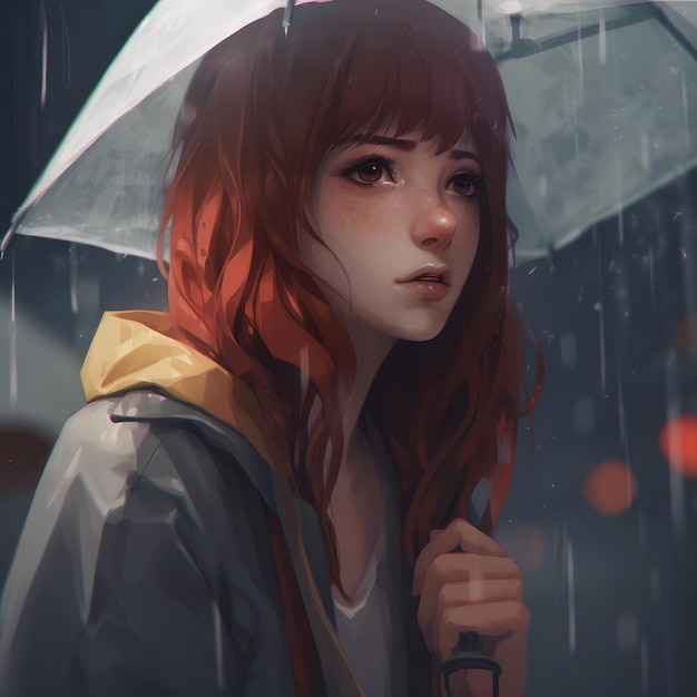 Temps pluvieux anime girl sous parapluie générative ai