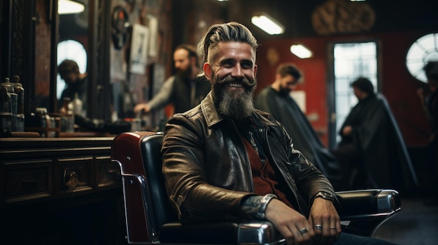 Temps pour une nouvelle coupe de cheveux Beau jeune homme barbu regardant son reflet dans le miroir et gardant la main dans les cheveux tout en étant assis dans une chaise au salon de coiffure