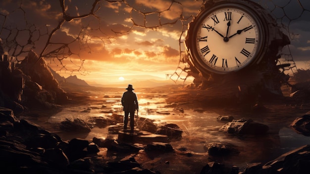 Le temps presse Un homme marchant vers la grande horloge géante