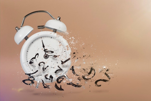 Le temps presse réveil blanc avec des numéros volants comme symbole du temps perdu le concept de ti