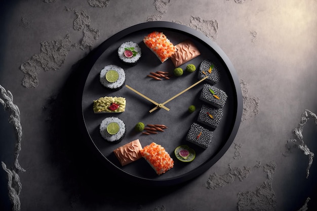 Temps de sushi affiché comme une horloge murale sur fond de pierre ou de gris Concept pour une publicité créative Délais de livraison et de sushi notion de cuisine japonaise