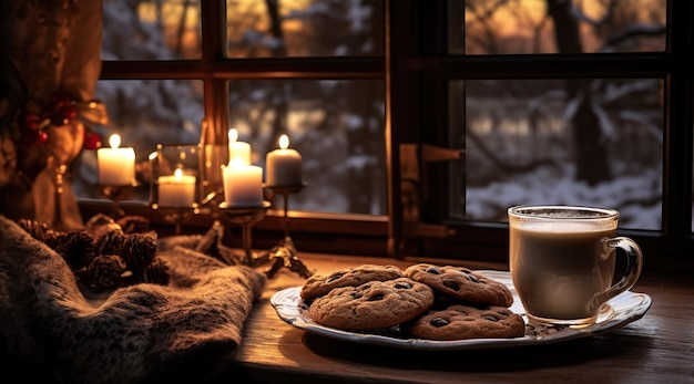 Temps de thé confortable Deux tasses de thé et des biscuits sur une table en bois avec des fleurs