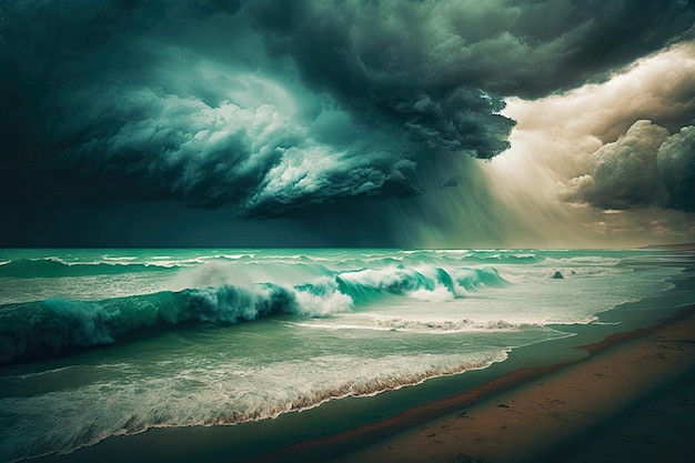 Temps venteux et orage roulant sur la mer à distance ai générative