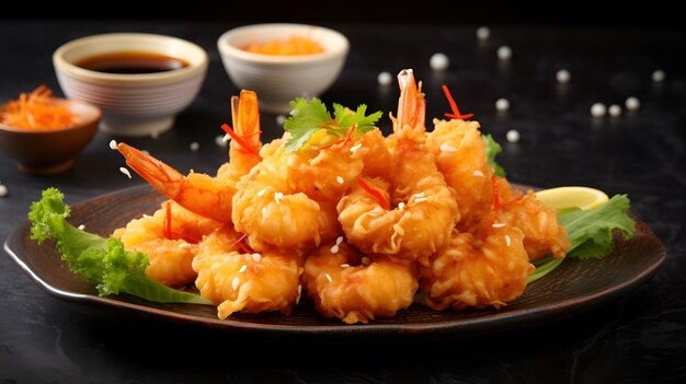 tempura de crevettes sur assiette avec de la sauce soja sur fond noir
