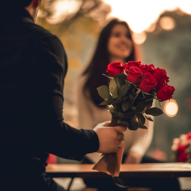 Tenant un bouquet de roses un moment inattendu