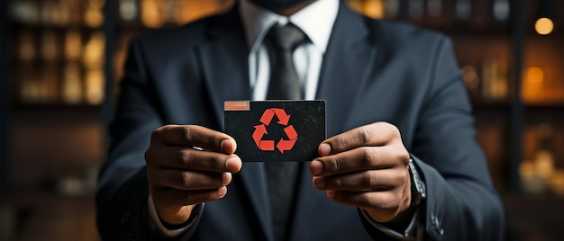 Tenant une carte verte avec le symbole de recyclage, une femme d'affaires