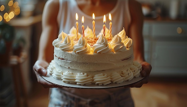 Tenant un gâteau d'anniversaire En gros gâteau de fête avec des bougies allumées heureux barbu méconnaissable