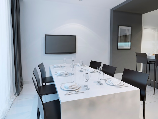 Tendance salle à manger noir et blanc avec table à manger pour six personnes.