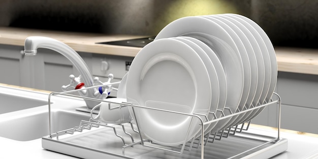 Étendoir à vaisselle avec assiettes blanches sur un comptoir de cuisine blanc illustration 3d