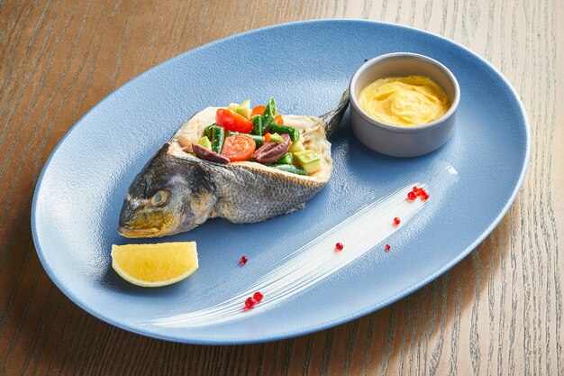 Tendre poisson dorado cuit au four avec des légumes (tomates et asperges) sur une plaque bleue sur une surface en bois. Effet film pendant le post. Flou artistique