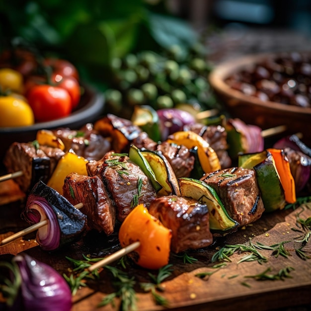 Tendres cubes de boeuf en brochette de légumes colorés