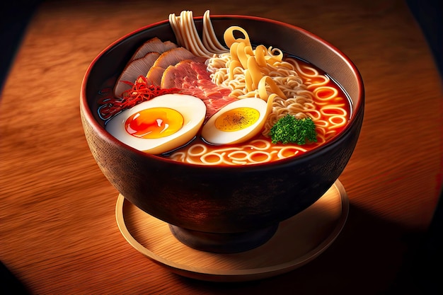Tendres morceaux de viande et d'œufs dans un bol de ramen tonkotsu japonais
