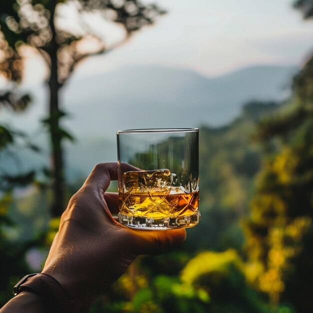 Tenez le verre de whisky frais à la main avec le fond de la nature