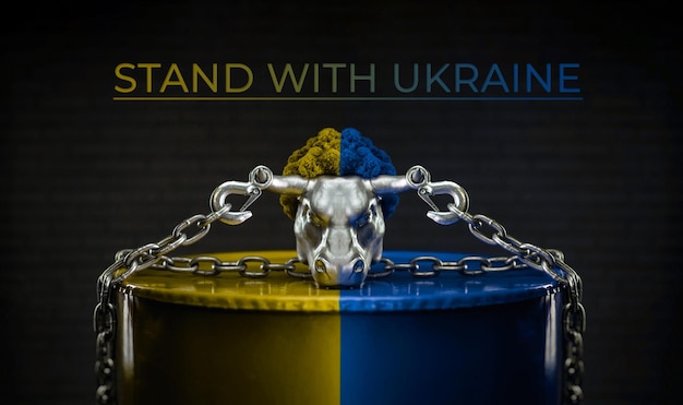 Tenez-vous avec la tête de taureau ukrainien avec une chaîne en métal aux couleurs du drapeau de l'Ukraine comme symbole de soutien