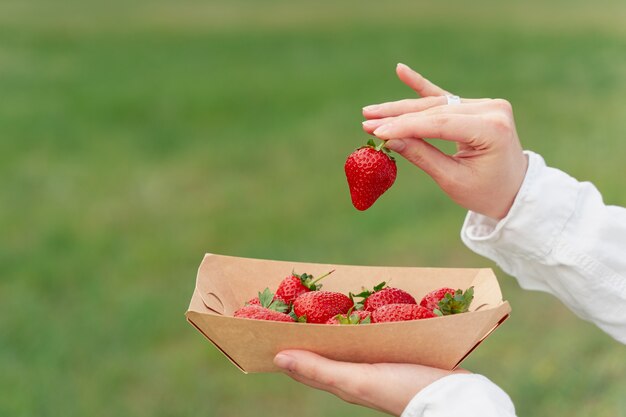 Tenir la fraise à la main. Fraises dans une assiette écologique jetable sur mur vert