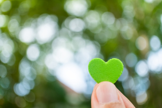 Tenir la main, ce qui signifie ressentir l'amour avec le bokeh nature verte.