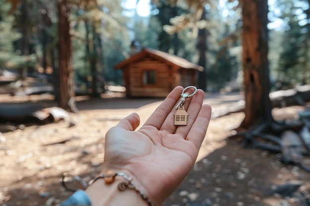 Tenir le porte-clés de la cabane à la main dans la forêt