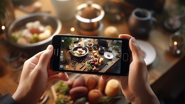 Tenir un smartphone la main d'une personne avec un appareil photo présente des outils de cuisson en arrière-plan Generative Ai