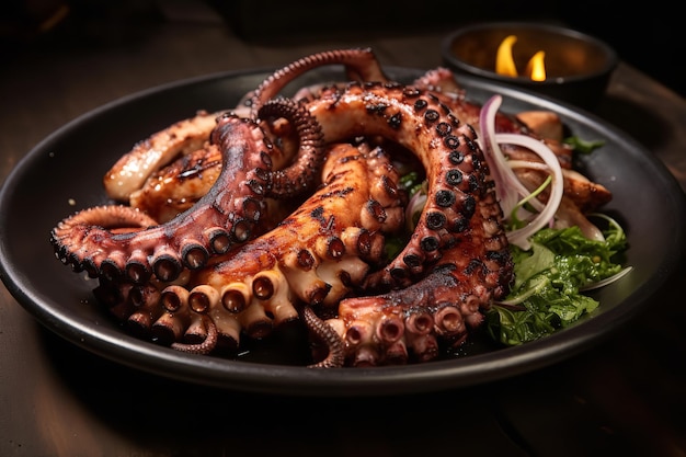 Tentacules de poulpe grillées grésillantes sur une assiette