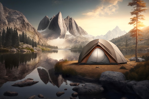 Photo tente et en arrière-plan une montagne et une rivière le lever du soleil d'été ai a généré de l'art