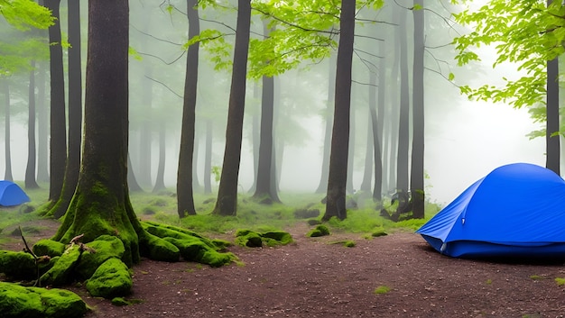 Une tente bleue dans une forêt avec de la mousse au sol.