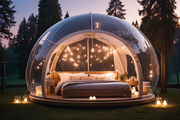 Tente à bulles transparente lors du glamping le soir