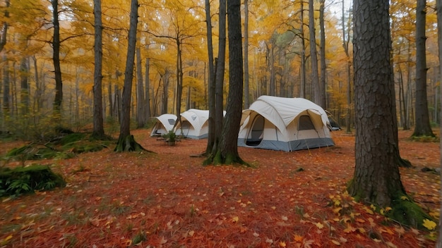 Une tente de camping dans la forêt d'automne