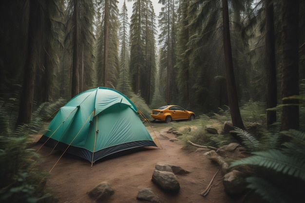 Photo tente de camping dans la forêt avec voiture en arrière-plan concept de voyage d'aventure génératif ai