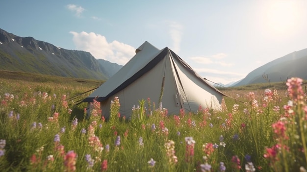 Tente de camping dans les montagnes brumeuses avec une belle fleur