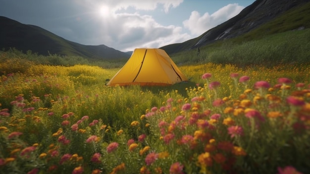 Tente de camping dans les montagnes brumeuses avec une belle fleur