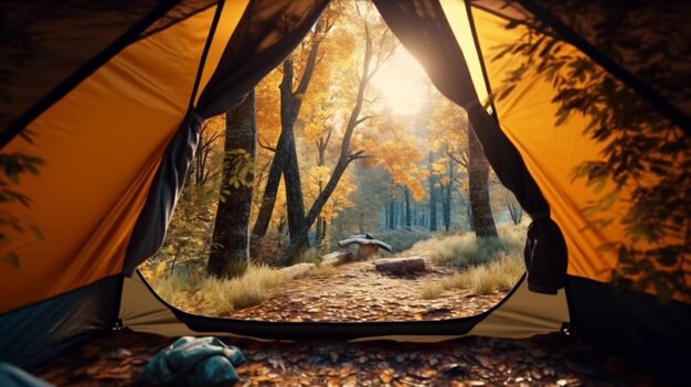 Une tente de camping dans un point de randonnée naturel vue de l'intérieur d'Ai Generative