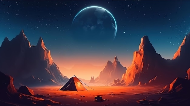 Tente de camping dans la région rocheuse du désert sur une nuit étoilée avec une énorme lune générée ai