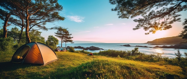 Photo tente de camping et équipement de camping sur herbe verte avec vue sur la mer en arrière-plan