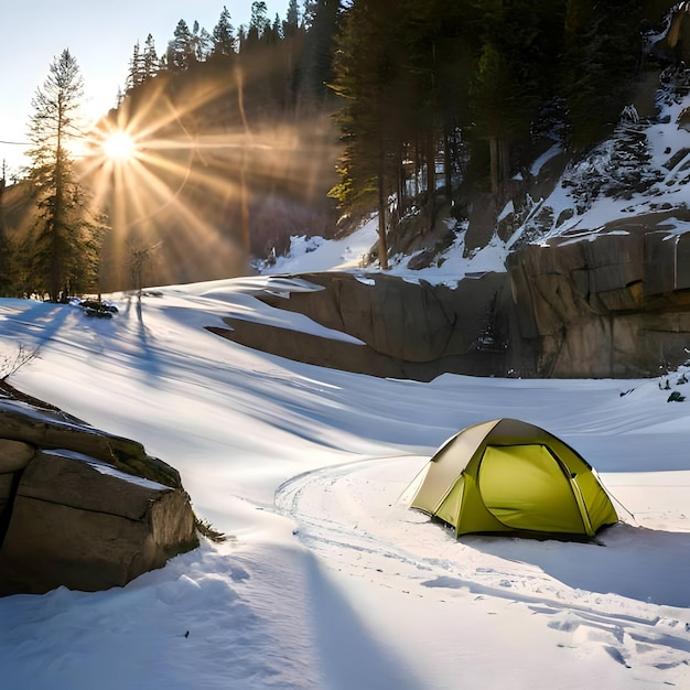 Photo tente de camping d'hiver dans la vallée générée par ai