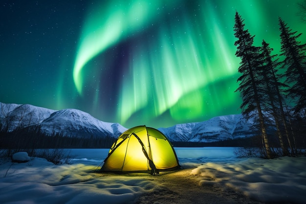 Une tente de camping jaune brillant sous une belle aurore boréale verte