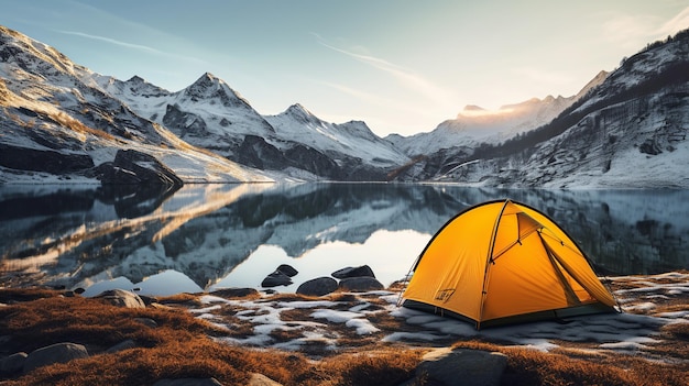 Tente De Camping Sur Un Lac De Montagne En Hiver Le Matin