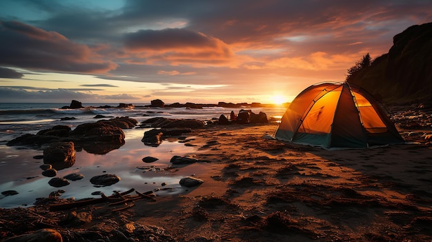Tente de camping sur la plage au coucher du soleil