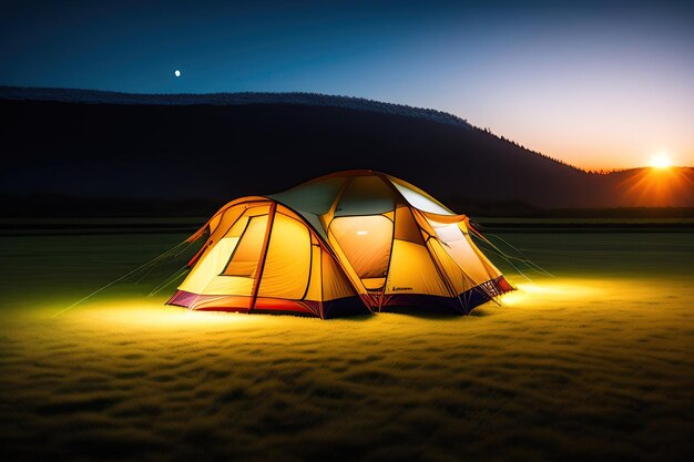 Tente de camping sur le terrain la nuit