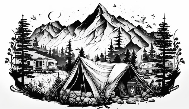 Photo une tente de camping vintage rétro dans le style de gravure une affiche motivationnelle de voyage d'aventure peut être utilisée pour la décoration et l'inspiration art graphique