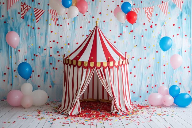 une tente de cirque est décorée de ballons et de confettis