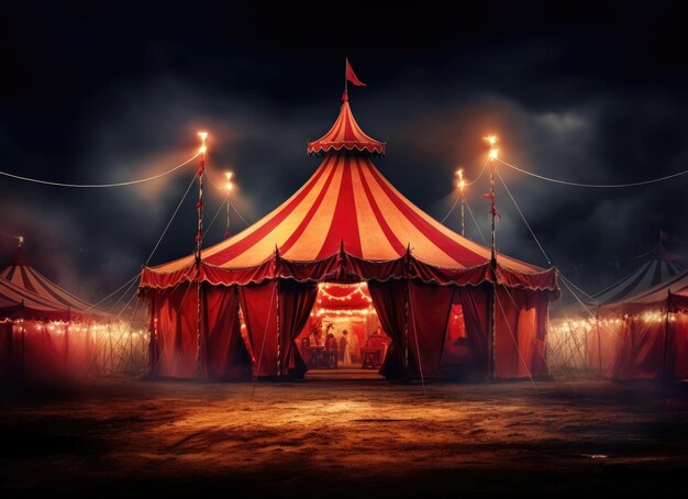 une tente de cirque la nuit avec une tente rouge sur fond blanc