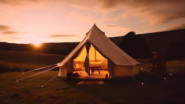 Une tente cloche dans un champ au coucher du soleil