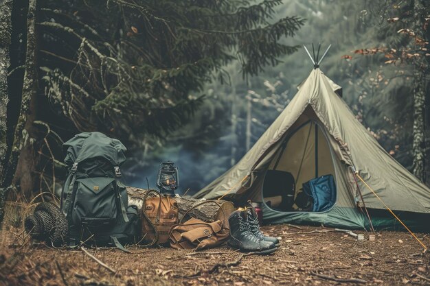 Une tente dans les bois avec des sacs à dos et du matériel de camping