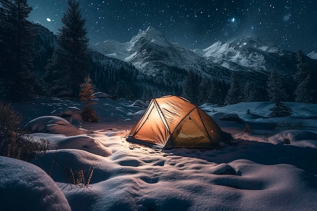 Tente dans la forêt enneigée la nuit Generative AI