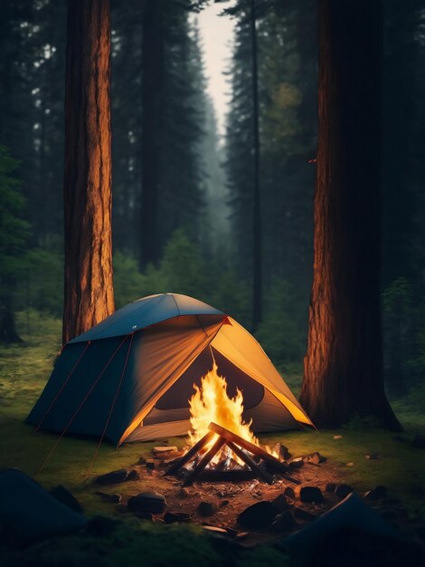 Une tente dans une forêt avec un feu de camp Illustration générative d'IA