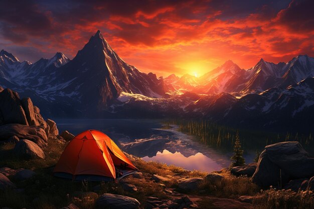 Une tente dans les montagnes au coucher du soleil Un beau paysage d'été avec une tente