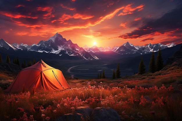 Une tente dans les montagnes au coucher du soleil Un beau paysage d'été avec une tente
