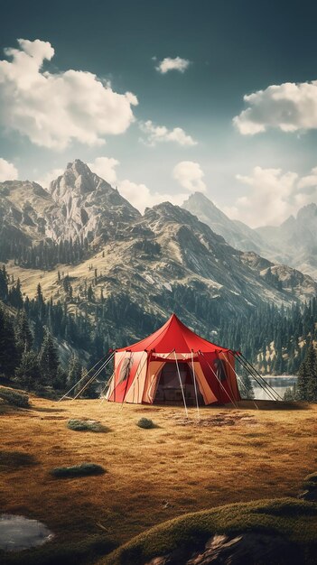 Une tente dans les montagnes avec le mot camping dessus