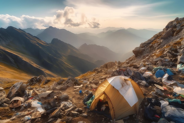 Une tente dans les montagnes avec des ordures au premier plan